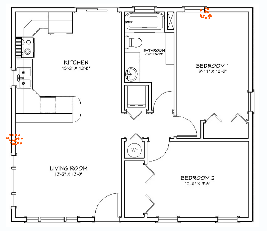 Floor plan heat map showing rodent hotspot clusters near living room and bedroom walls